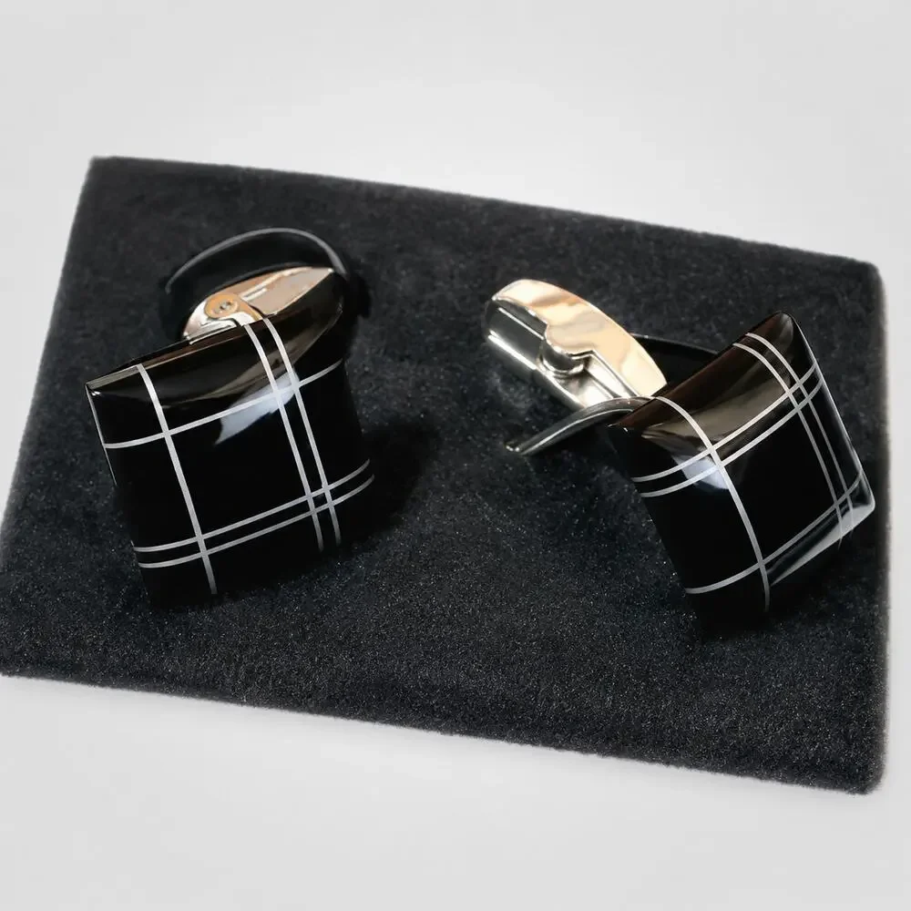 Engara Black‎ Glass Cufflinks NIB Square Silver-Tone Original Gift Box 7/8
